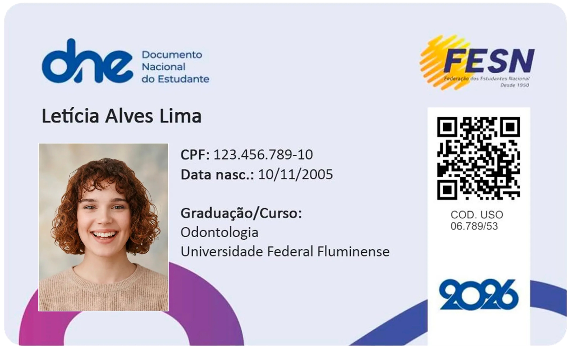 Carteirinha de Estudante DNE/FESN 2026 — modelo oficial com foto, nome, CPF, curso, QR Code e código de uso